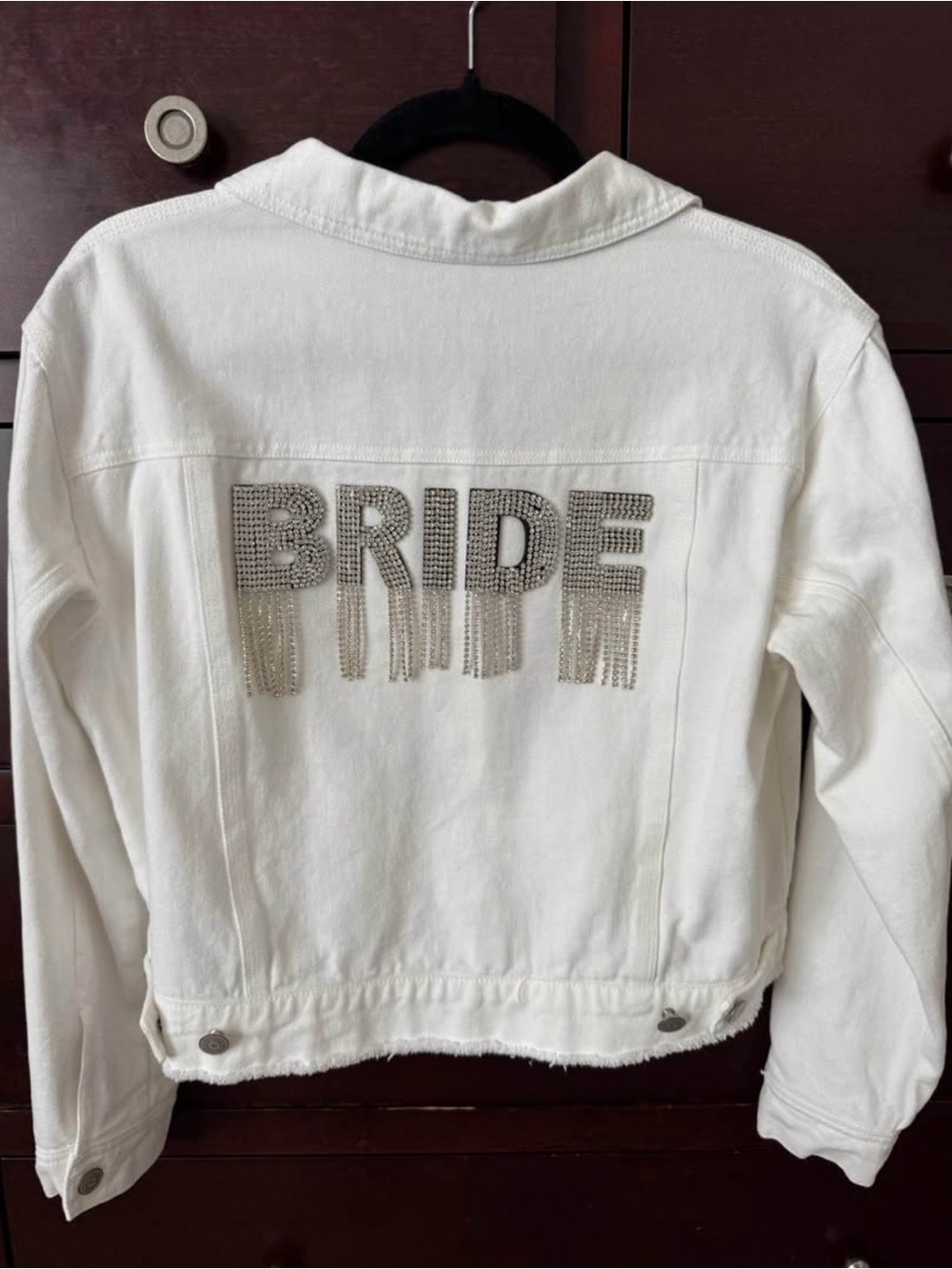 Lulu's White Denim 'BRIDE' Rhinestone Fringe Jacket XS